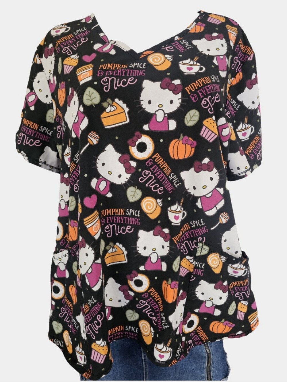 Hello Kitty Pumpkin Spice V-Neck Short Sleeve Scrub Top Size 2X
